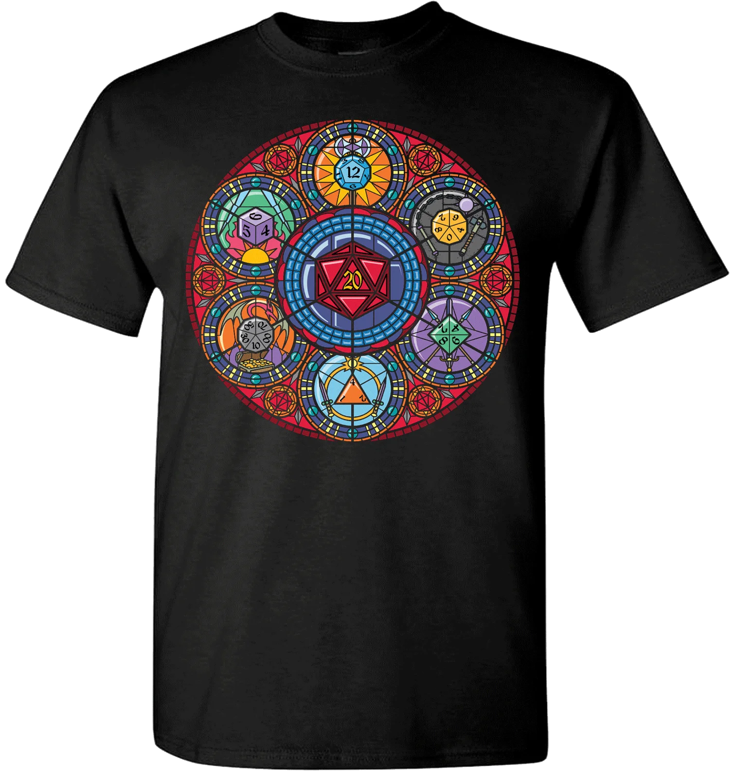 

Dungeons and Dragons T Shirt Rare Black Metal Game Circle Dice Stained Glass Cool Casual Sleeves Cotton T-Shirt Fashion