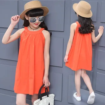 

2017 Teenage 12Y 14Y Girls Beach Dress Solid Orange Suspenders 8Y 9Y Children Summer Casual Sleeveless Ruched Sling Cotton Dress