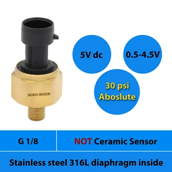 0.5 to 4.5V, pressure transmitter, 30 psi absolute, 2 bar, 200 kpa, stainless steel 316L diaphragm, G 1 8 thread, 5Vdc, brass
0.5 to 4.5V, pressure transmitter, 30 psi absolute, 2 bar, 200 kpa, stainless steel 316L diaphragm, G 1 8 thread, 5Vdc, brass
