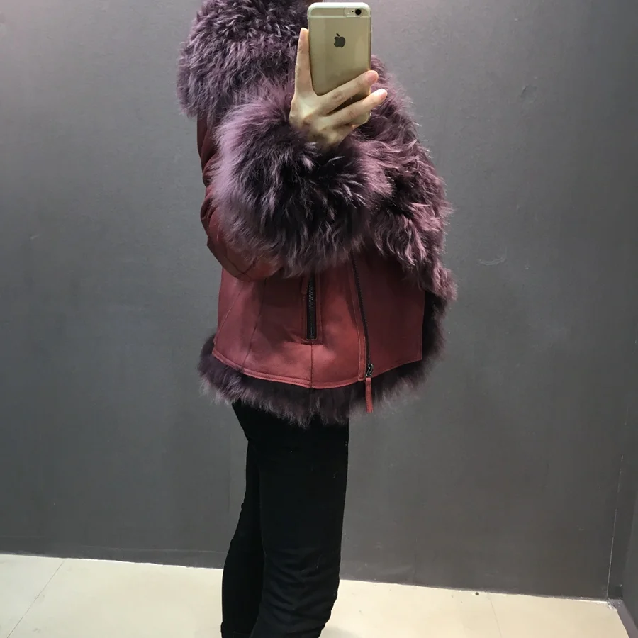 female fashion real sheep leather jacket with fur (4)