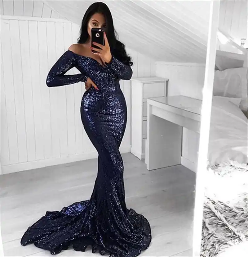 navy blue glitter prom dress