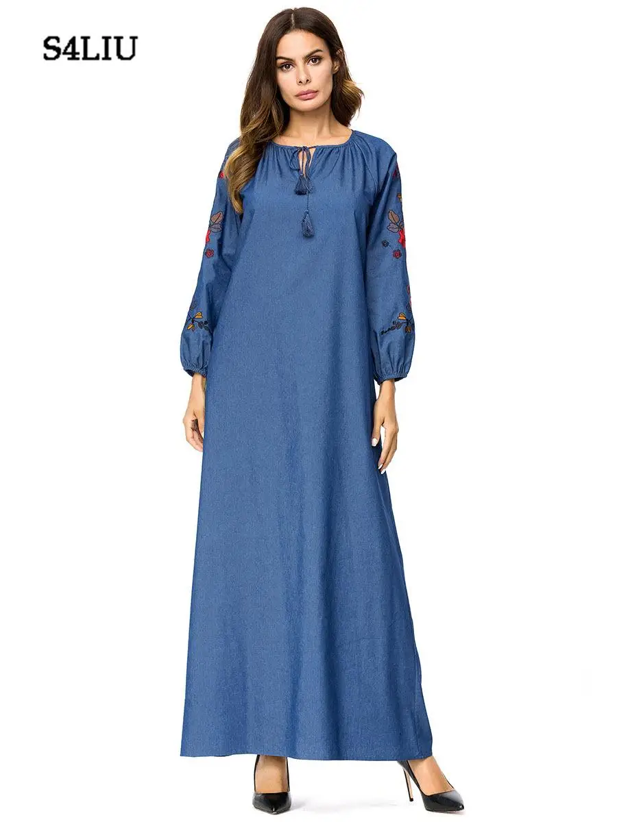 Women Maxi Denim Dress Embroidery Muslim Long Sleeve Abaya Jilbab Casual Fashion
Women Maxi Denim Dress Embroidery Muslim Long Sleeve Abaya Jilbab Casual Fashion