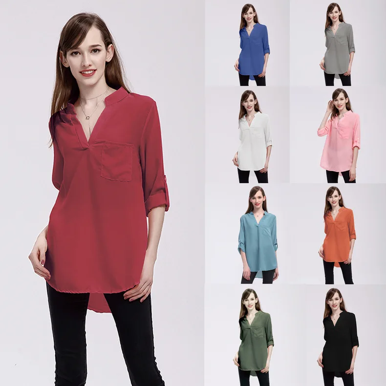 Pocket Decoration Chiffon Blouse Summer Blusa Solid Color Long Sleeve V-neck Plus Size Tops Moda Mujer 2018 Thin Elegant Shirt
Pocket Decoration Chiffon Blouse Summer Blusa Solid Color Long Sleeve V-neck Plus Size Tops Moda Mujer 2018 Thin Elegant Shirt