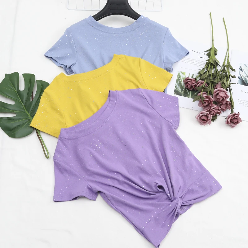 Women Summer O-neck Short Sleeve Bling Sequined Basic T-Shirt Casual Sexy Short T Shirt Tees Elastic Slim Front Knot Tops
Women Summer O-neck Short Sleeve Bling Sequined Basic T-Shirt Casual Sexy Short T Shirt Tees Elastic Slim Front Knot Tops