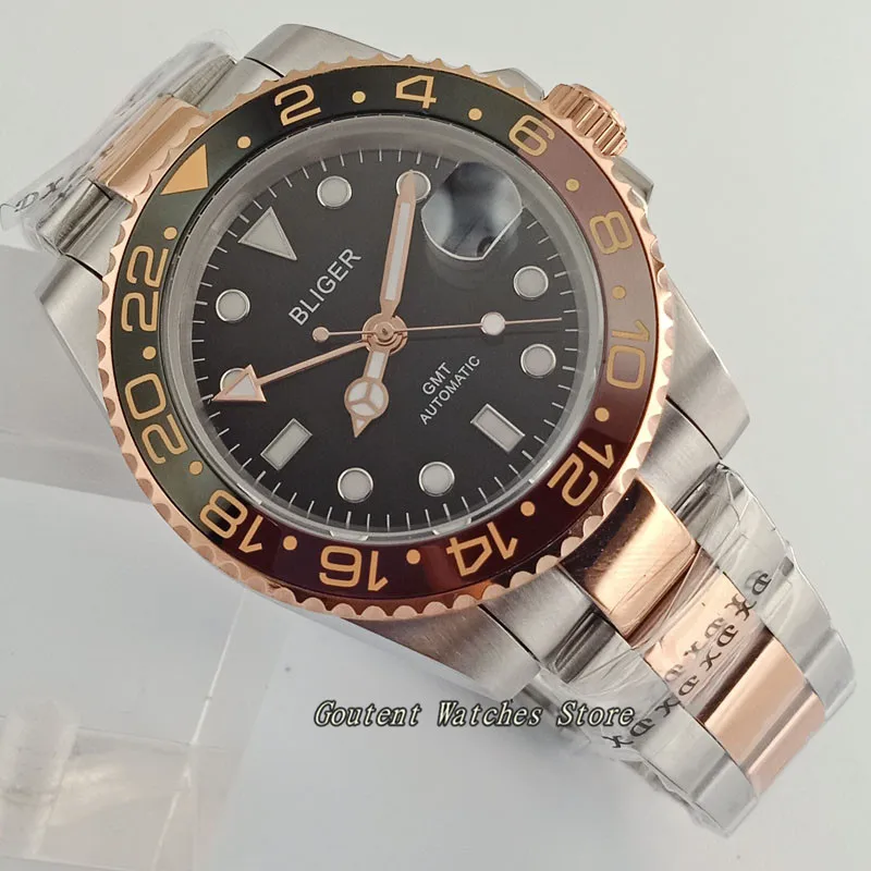 40mm Bliger/Sterile Black Dial Rose Gold Sapphire Glass Ceramic Bezel GMT Hand Automatic Men's Watch
40mm Bliger/Sterile Black Dial Rose Gold Sapphire Glass Ceramic Bezel GMT Hand Automatic Men's Watch