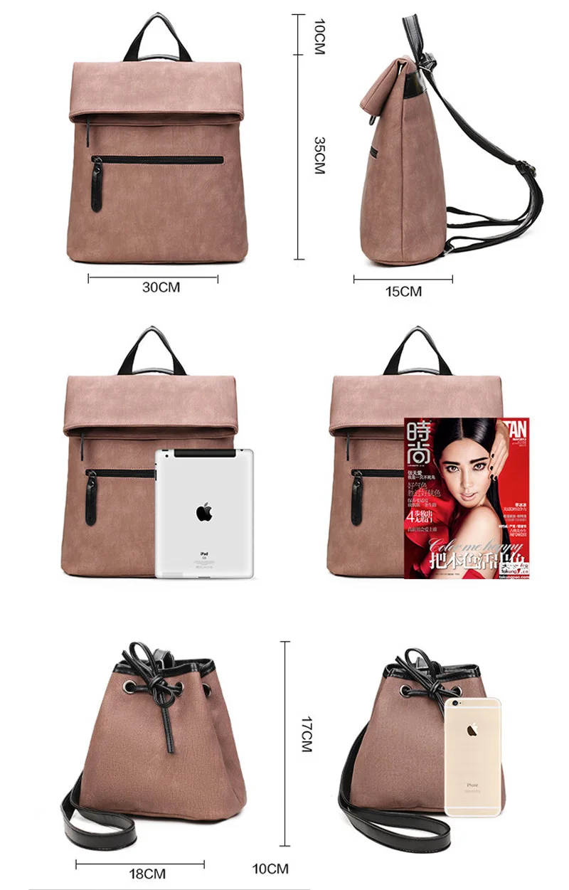 iStylishMall- 2 PCS/SET Vintage Backpack Women PU Leather Backpacks with Shoulder Bag School Bags for Teenagers Black Female mochila