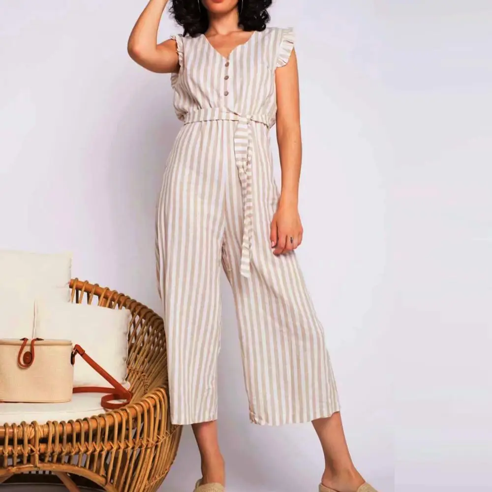 Summer jumpsuit women V neck striped ruffles short sleeve adjustable bow sashes single breasted Casual loose jumpsuits overall
Summer jumpsuit women V neck striped ruffles short sleeve adjustable bow sashes single breasted Casual loose jumpsuits overall