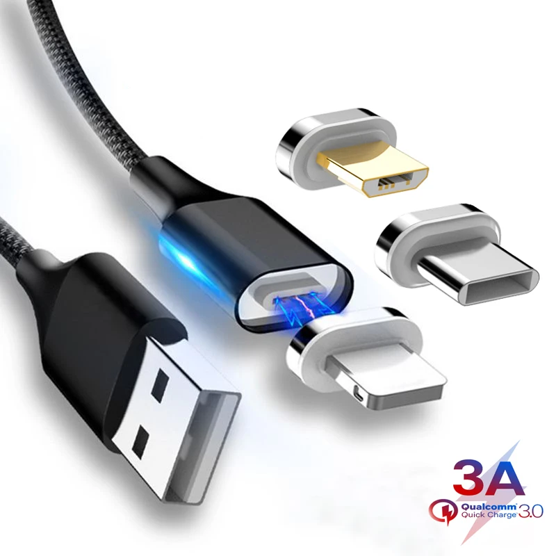 

3A Magnetic Cable Micro USB Type C Fast Charging Data Cable For iPhone SAMSUNG S10+ S9 XIAOMI Mi9 QC3.0 LED Magnet Charger Wire