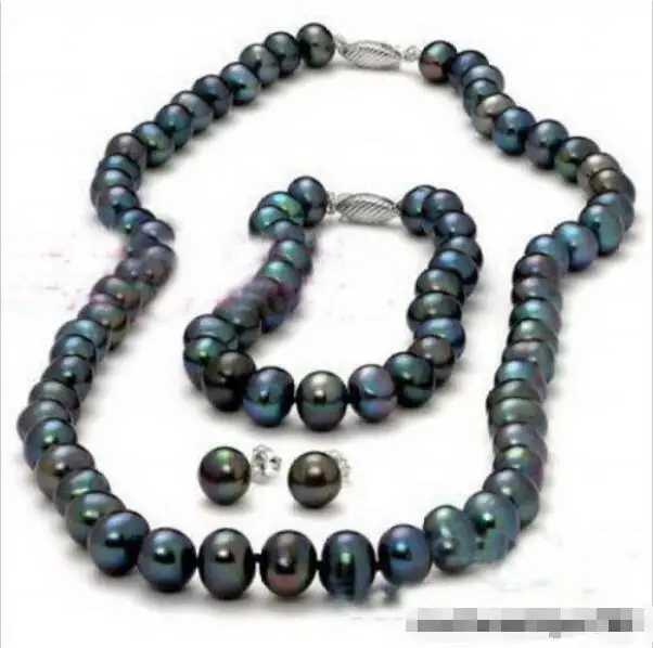 Hot sale new Style >>>>9-10mm Real Black Pearl 18KWGP Clasp Necklace Bracelet Earrings Set 
Hot sale new Style >>>>9-10mm Real Black Pearl 18KWGP Clasp Necklace Bracelet Earrings Set