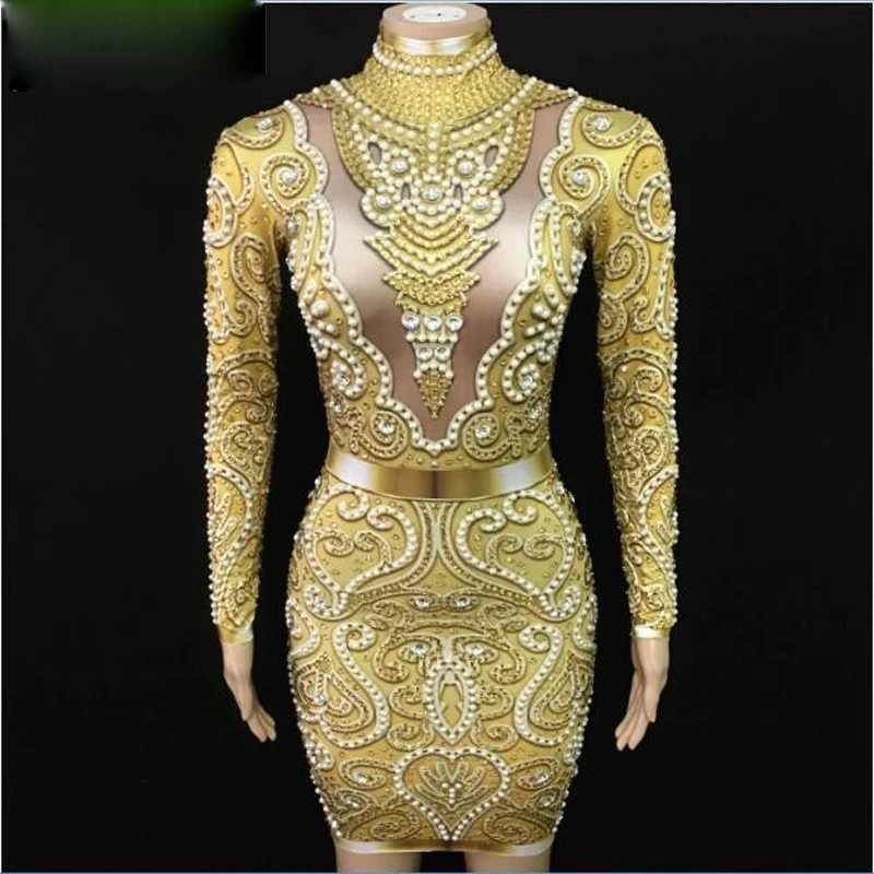 Sparkly Gold Rhinestones Pearls Long Sleeves Dress Bar Party Dance Dress Women Singer Clothes Birthday Celebrate Outfit Dress
Sparkly Gold Rhinestones Pearls Long Sleeves Dress Bar Party Dance Dress Women Singer Clothes Birthday Celebrate Outfit Dress