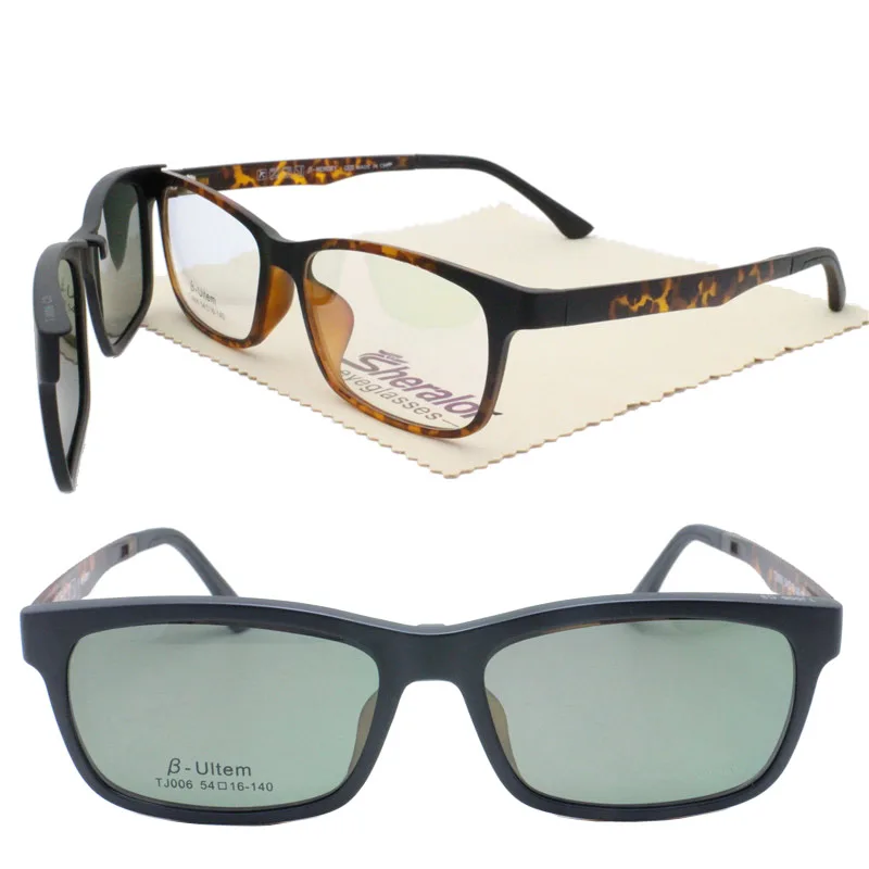 

ultra light 006 ULTEM square shape optical glasses frame with magnetic clip on polarized sunglasses lenses handy 2 in 1 eyewear