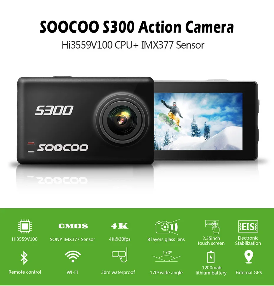 SOOCOO S300 4K 30FPS Sports Camera 2.35 Touchscreen Hi3559V100 IMX377 EIS Wifi External Mic GPS (1)