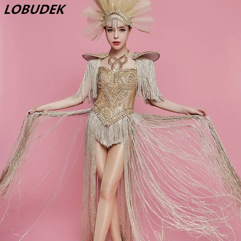 Sparkly Crystal Long Tassel Bodysuit Gold Rivet Jumpsuit Sexy Female Stage Costume Party Luxurious Outfit Singer Catwalk costume
Sparkly Crystal Long Tassel Bodysuit Gold Rivet Jumpsuit Sexy Female Stage Costume Party Luxurious Outfit Singer Catwalk costume