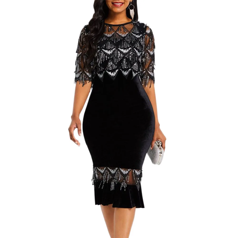 High Quality 2019 autumn Vintage Patchwork Sexy Mesh Sequined Dress Women Sparkly Ruffle Zipper O Neck Party Dresses Vestidos
High Quality 2019 autumn Vintage Patchwork Sexy Mesh Sequined Dress Women Sparkly Ruffle Zipper O Neck Party Dresses Vestidos
