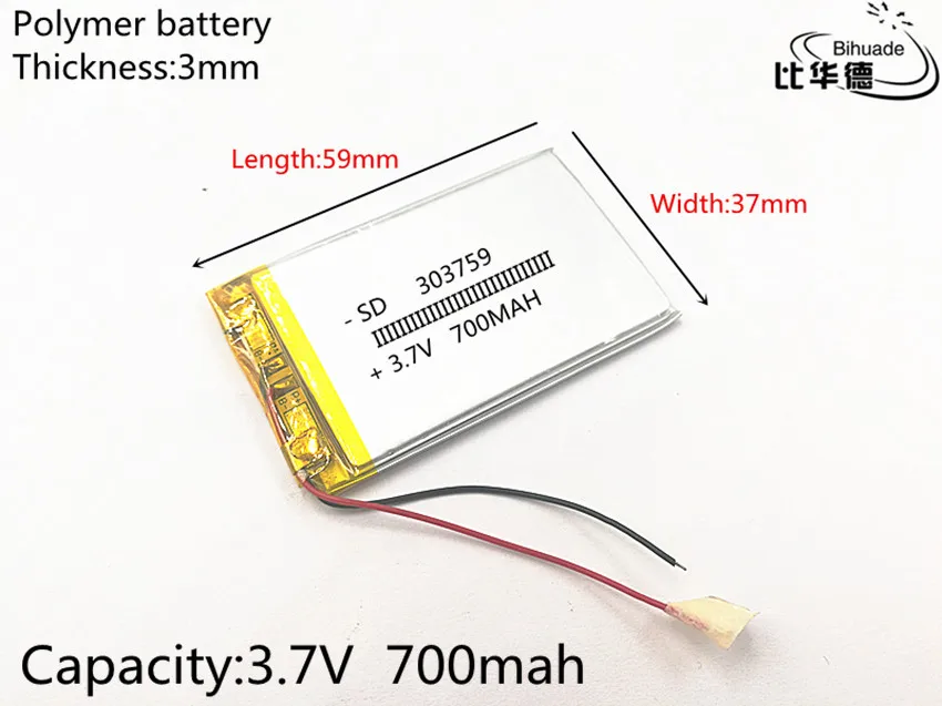 1pcs/lot 3.7V 700mAh 303759 Lithium Polymer Li-Po li ion Rechargeable Battery cells For Mp3 MP4 MP5 GPS PSP
1pcs/lot 3.7V 700mAh 303759 Lithium Polymer Li-Po li ion Rechargeable Battery cells For Mp3 MP4 MP5 GPS PSP