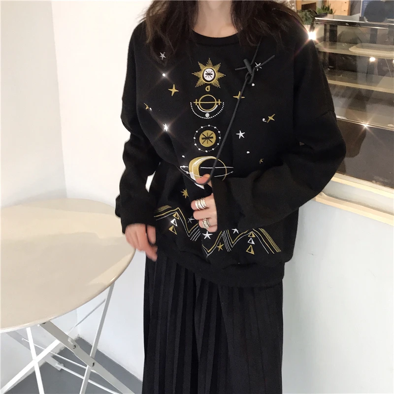 Autumn Winter Universe Embroidery Pullover Women Plus Velvet Pullover Tops Female Fashion Black Pullover Women's Sweatshirt
Autumn Winter Universe Embroidery Pullover Women Plus Velvet Pullover Tops Female Fashion Black Pullover Women's Sweatshirt