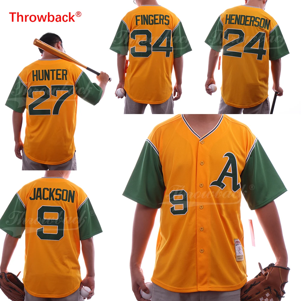 

Throwback Jersey Men's Oakland Jersey 9 Reggie Jackson 27 Catfish Hunter 24 Rickey Henderso 34 Rollie Fingers Baseball Jersey