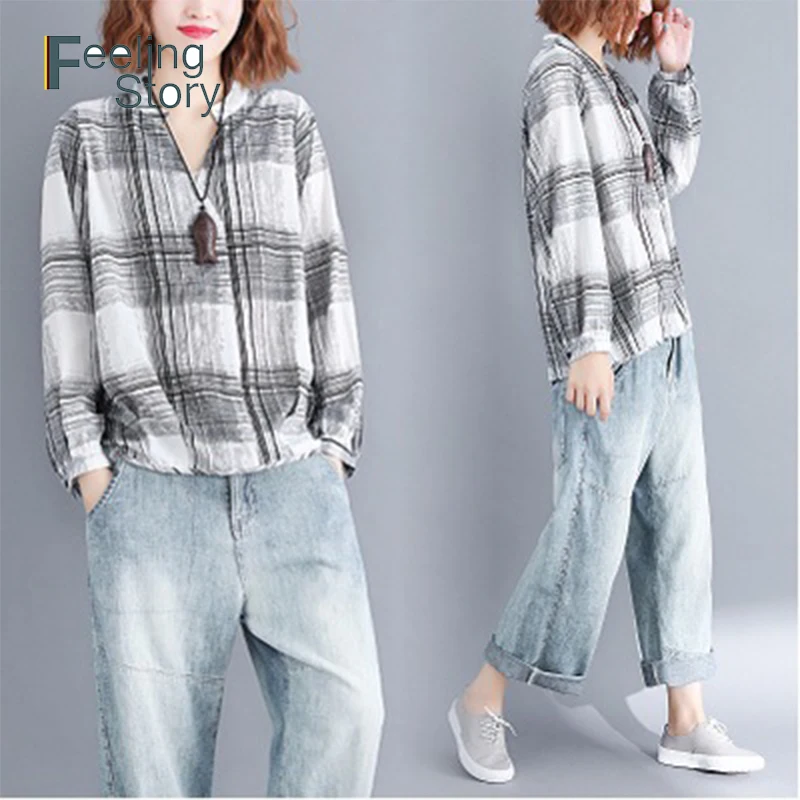 Plus Size Summer Women Art Fan Cotton Linen Blouse 2019 Casual Basic Plaid Blouses Long Sleeve Shirts Loose Top Shirt Blusas
Plus Size Summer Women Art Fan Cotton Linen Blouse 2019 Casual Basic Plaid Blouses Long Sleeve Shirts Loose Top Shirt Blusas
