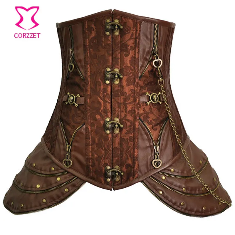 Steampunk Steel Boned Underbust Corset Female Brown Brocade With Skull Rivets And Chain Skirted Bustier Gothic Clothes For Woman
Steampunk Steel Boned Underbust Corset Female Brown Brocade With Skull Rivets And Chain Skirted Bustier Gothic Clothes For Woman