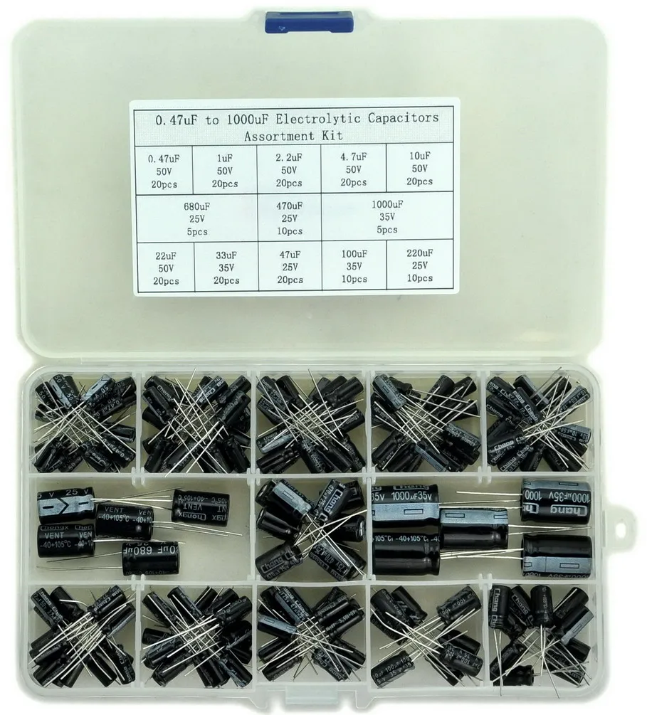 0.47uF to 1000uF Electrolytic Capacitors Assorted Kit, 13 Values, Total 200 PCS.
0.47uF to 1000uF Electrolytic Capacitors Assorted Kit, 13 Values, Total 200 PCS.