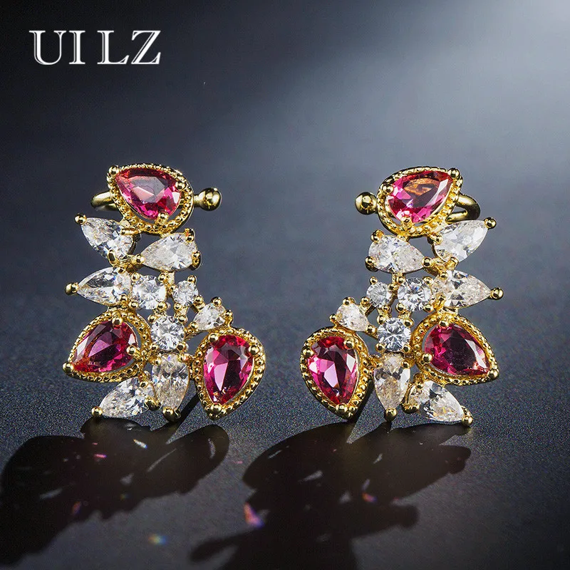 UILZ 2018 New Brand Elegant Red Clear Mixed Stone Geometric Shape Women Clip Earrings AAA Cubic Zircon Brass For Party UE2028 | Украшения и