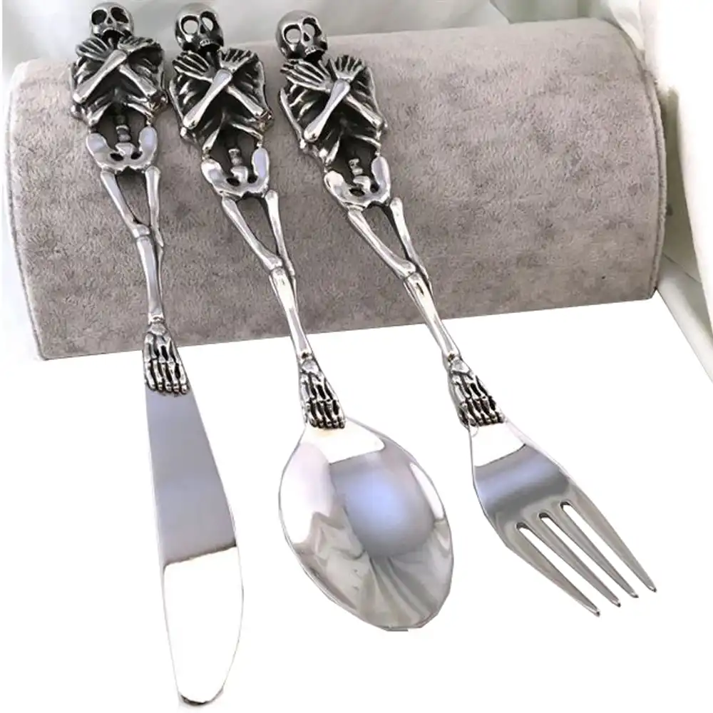New Stainless Steel Skull Fork Spoon Knife Flatware Halloween Gift