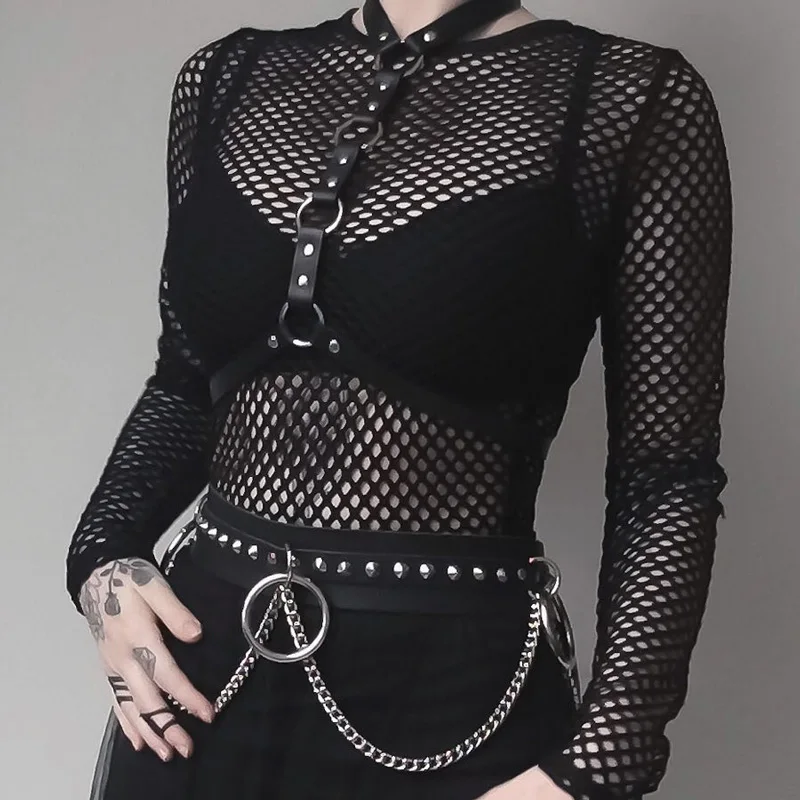 Sexy Mesh See Through Women Long Sleeve Tshirts Stand Neck Hollow Out Crop Out T Shirt PU Iron Ring Halter Belt Slim Gothic Tops
Sexy Mesh See Through Women Long Sleeve Tshirts Stand Neck Hollow Out Crop Out T Shirt PU Iron Ring Halter Belt Slim Gothic Tops