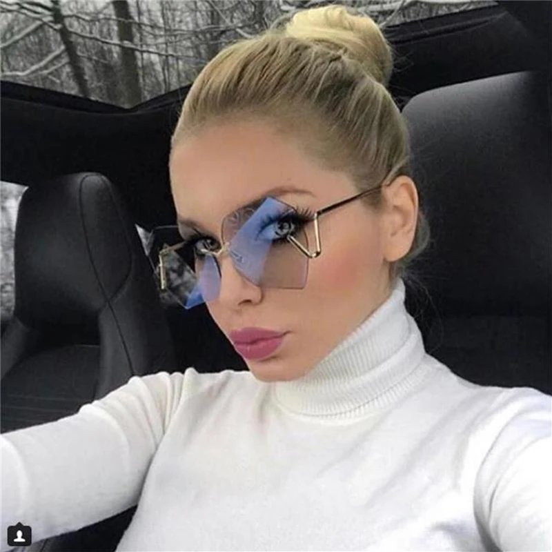 

2018 New Fashion Rimless Gradient Clear Sunglasses Women Luxury Oversized Celebrity Blue Lens Sun Glasses For Men Curved Legs