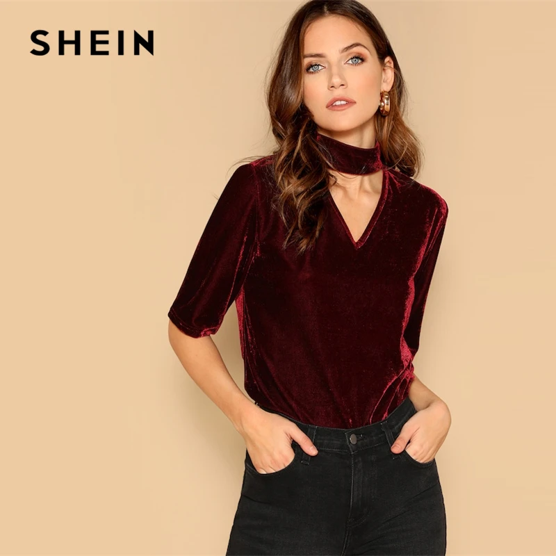 

SHEIN Burgundy Keyhole Back Choker Velvet V Neck Half Sleeve Plain Top 2019 Spring Women Office Lady Tops And Blouses