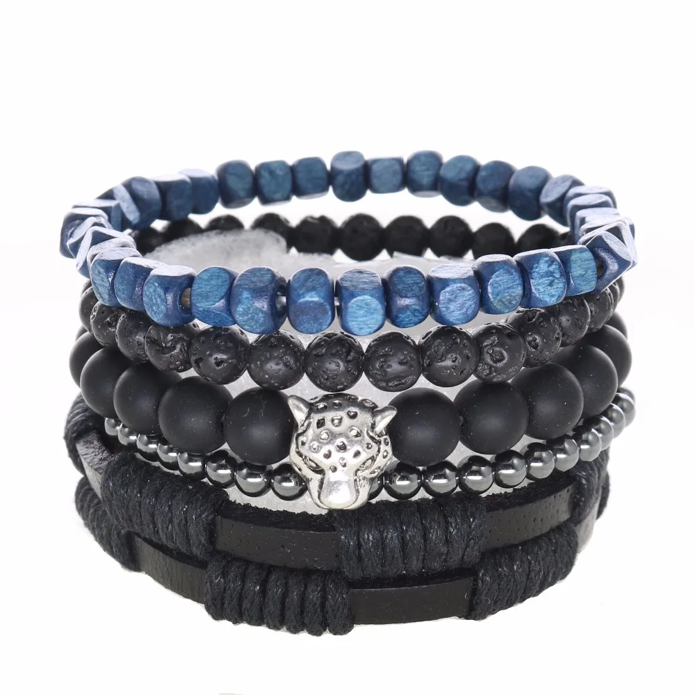 Image Leopard Punk Genuine Wrap Leather Bracelets Men Women Onyx Lava Hematite Jewelry Accessories Wholesale DIY Stone Beads Bangles