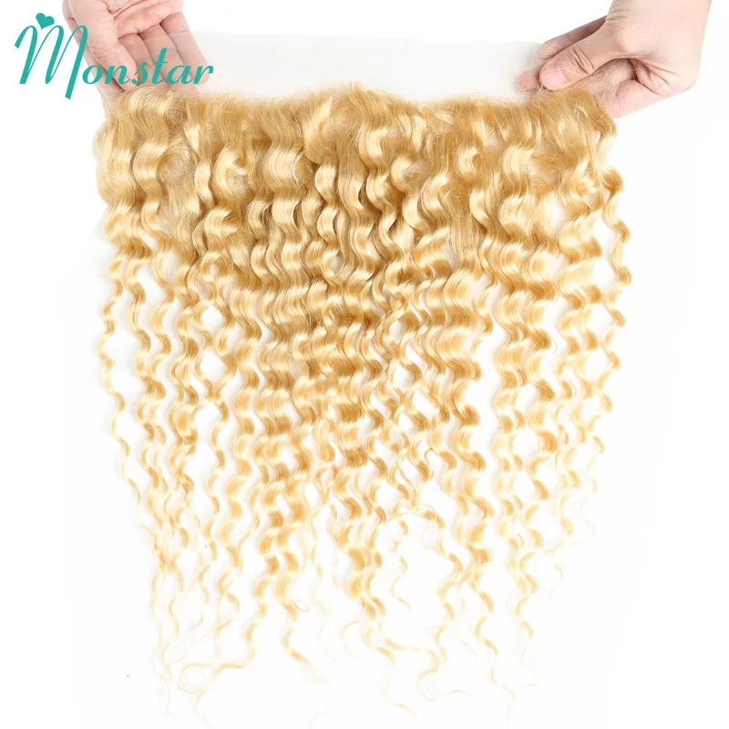 

Monstar 613 Blonde Deep Wave Closure Brazilian Blonde Curly Hair Bundles 13*4 Ear to Ear Free/Middle Part Lace Frontal Closure