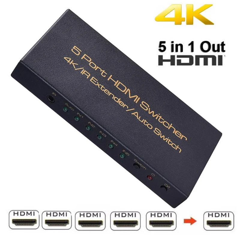 Mini Auto Switch HDMI Switcher 4K HD1080P 5 Port HDMI Switch Selector Splitter With Hub IR Remote Controller For HDTV DVD TV BOX
Mini Auto Switch HDMI Switcher 4K HD1080P 5 Port HDMI Switch Selector Splitter With Hub IR Remote Controller For HDTV DVD TV BOX