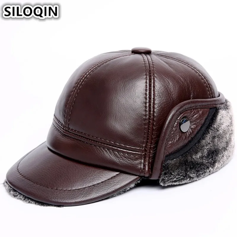 

SILOQIN Genuine Leather Hat Winter Men's Warm Plus Velvet Thick Bomber Hats Cowhide Earmuffs Caps For Men New Brands Dad Cap