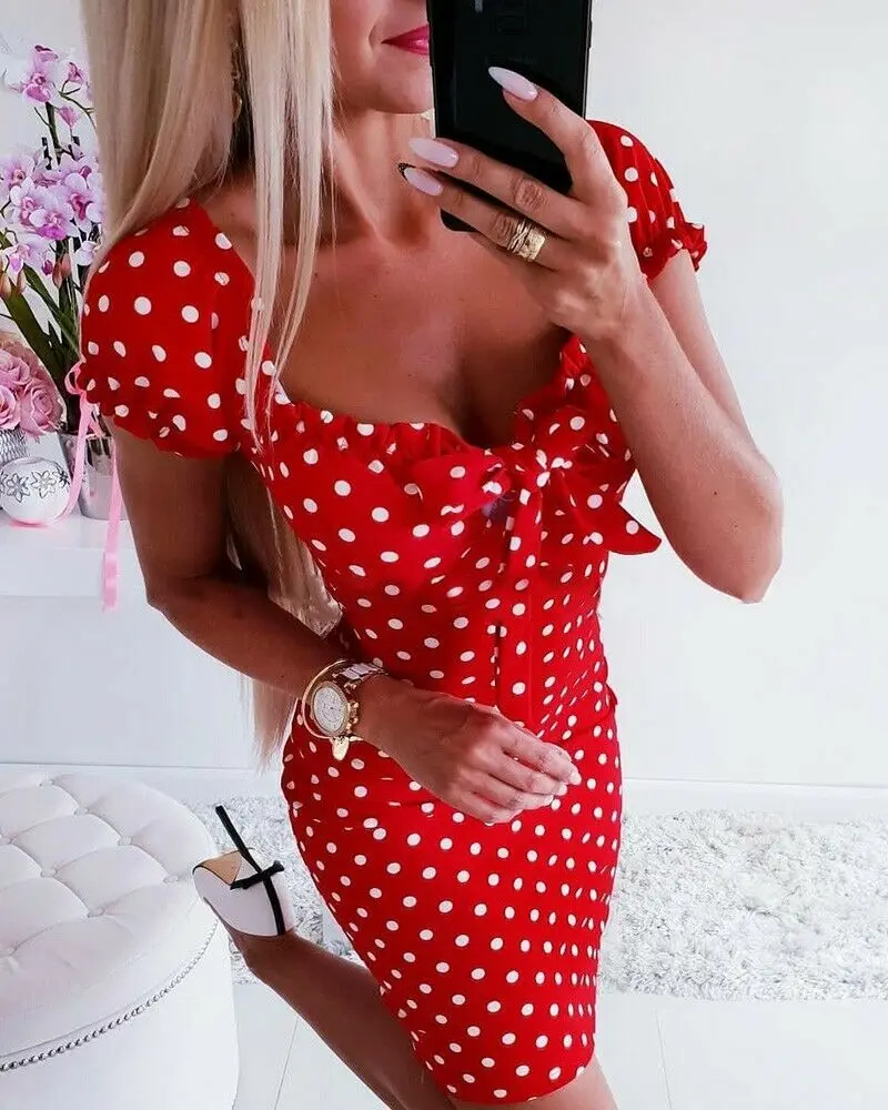 Brand Womens Summer Dress Polka Dot V Neck Bodycon Bow Front Slim Skinny Party Dress Mini Sundress Vestidos Robe Femme
Brand Womens Summer Dress Polka Dot V Neck Bodycon Bow Front Slim Skinny Party Dress Mini Sundress Vestidos Robe Femme