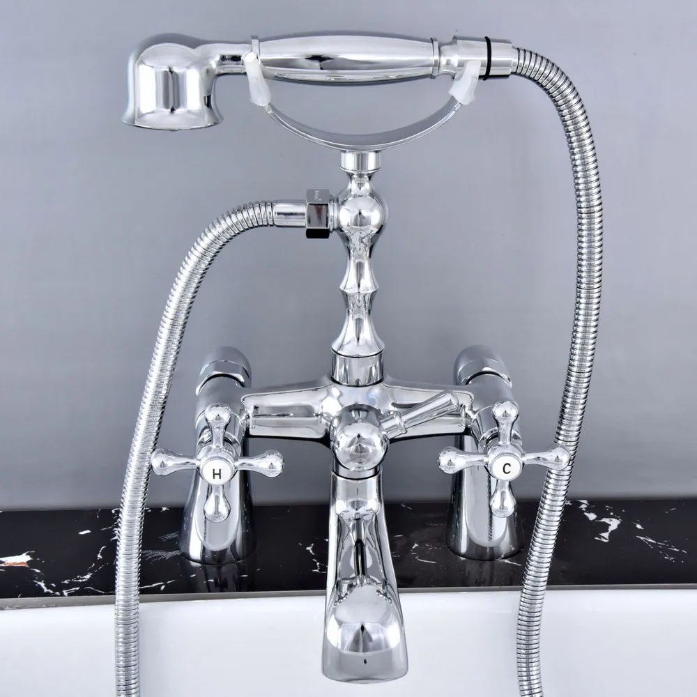 

Polished Chrome Deck Mounted Bathroom Tub Faucet Dual Handles Telephone Style Hand Shower Clawfoot Tub Filler atf769