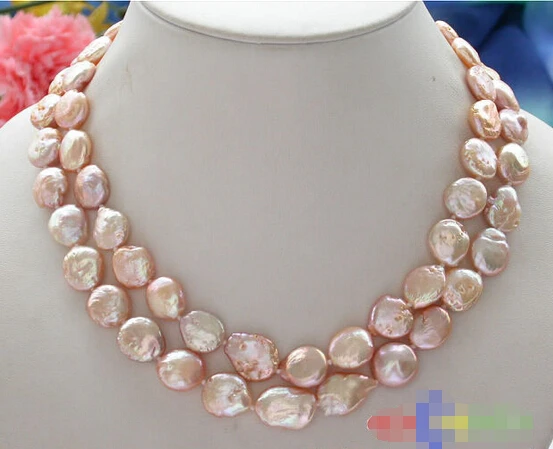 HOT## Wholesale >>>> NAUTRAL 2row 14mm pink coin freshwater cultured pearl necklace