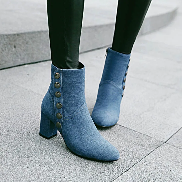 New Women Boots Plus Size 34-43 Women Fashion Shoes Autumn Winter Denim Thick Heel Ankle Boots Casual Shoes Woman Zip High Heels (8)