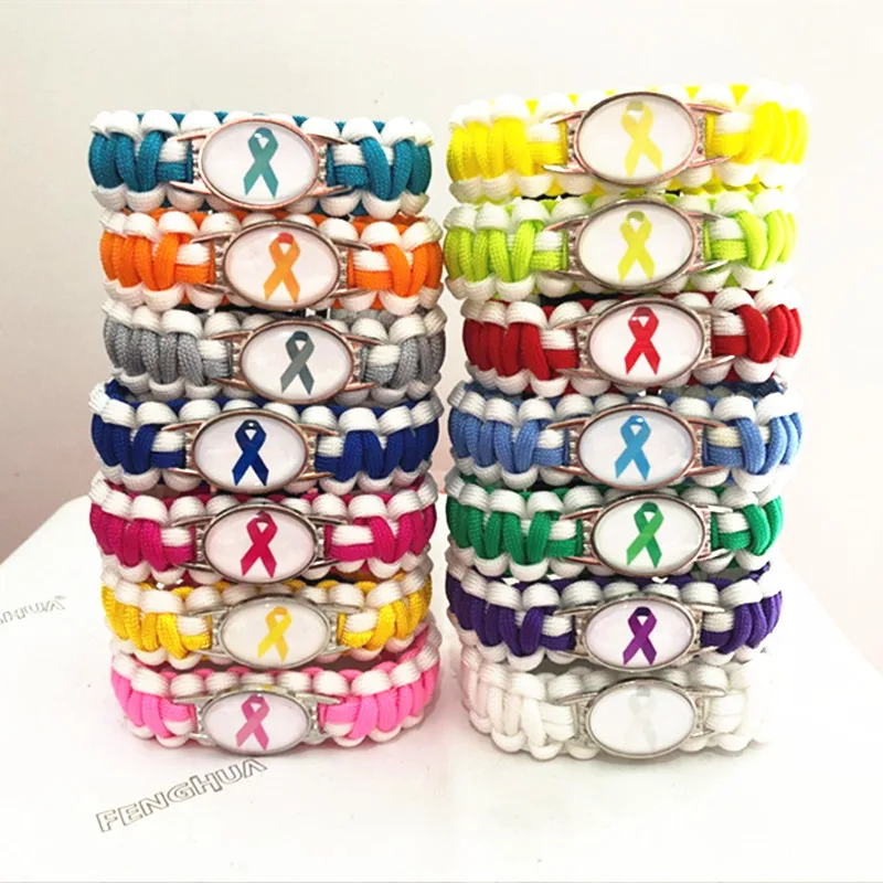 Wholesale Cancer Awareness 14 Colour Ribbon Charm Paracord Bracelets Survival Bracelet Friendship Outdoor Camping Sports Jewelry
Wholesale Cancer Awareness 14 Colour Ribbon Charm Paracord Bracelets Survival Bracelet Friendship Outdoor Camping Sports Jewelry