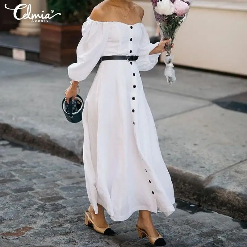 Celmia Sexy Off Shoulder Women Maxi Long Dress 2019 Summer Slash Neck Slim Waist Casual Buttons Party Beach Vestidos Plus Size
Celmia Sexy Off Shoulder Women Maxi Long Dress 2019 Summer Slash Neck Slim Waist Casual Buttons Party Beach Vestidos Plus Size