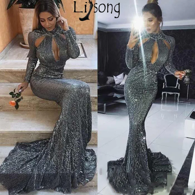 Sexy Mermaid Silver Gray Prom Gowns High Neck Long Sleeves Sequined Sweep Train Evening Gowns Party Dress vestidos de fiesta
Sexy Mermaid Silver Gray Prom Gowns High Neck Long Sleeves Sequined Sweep Train Evening Gowns Party Dress vestidos de fiesta