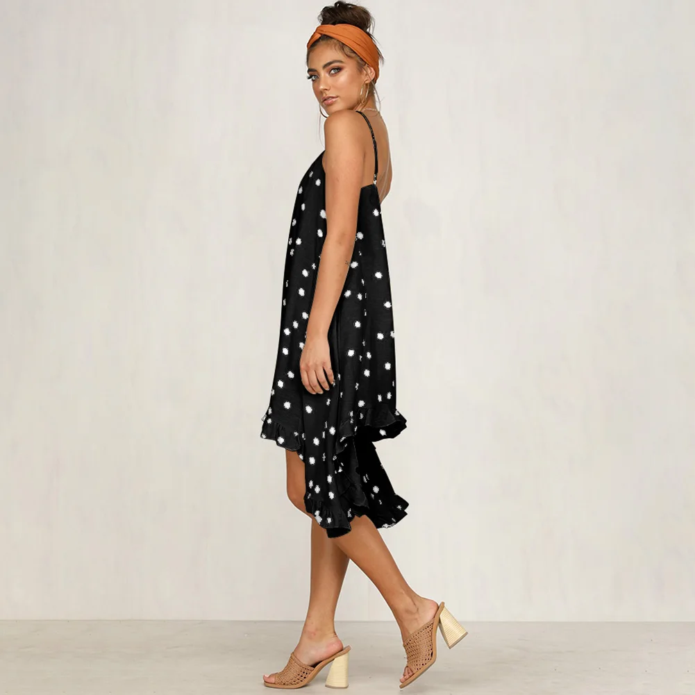 Ladies Sexy Spaghetti Strap Polka Dot Casual Fashion Holiday Sling Beach Women Dress Asymmetric Hem Chiffon Loose Summer |