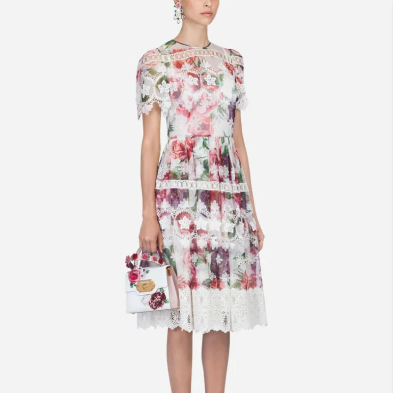 Женское кружевное платье макси ажурное длинное с цветочным принтом лето 2019 |