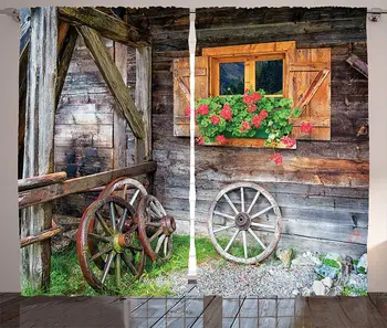 Shutters Decor Curtains Weathered Old Window with Flowers in Pot Wheels Farmhouse Rural Scene Front View Living Room Bedroom