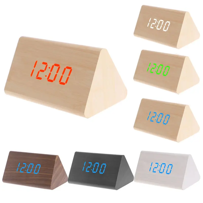 Shellhard Useful LED Display Sound Voice Control Alarm Clocks Snooze Simple Wooden Desk Clock with USB Cable for Home Bedroom