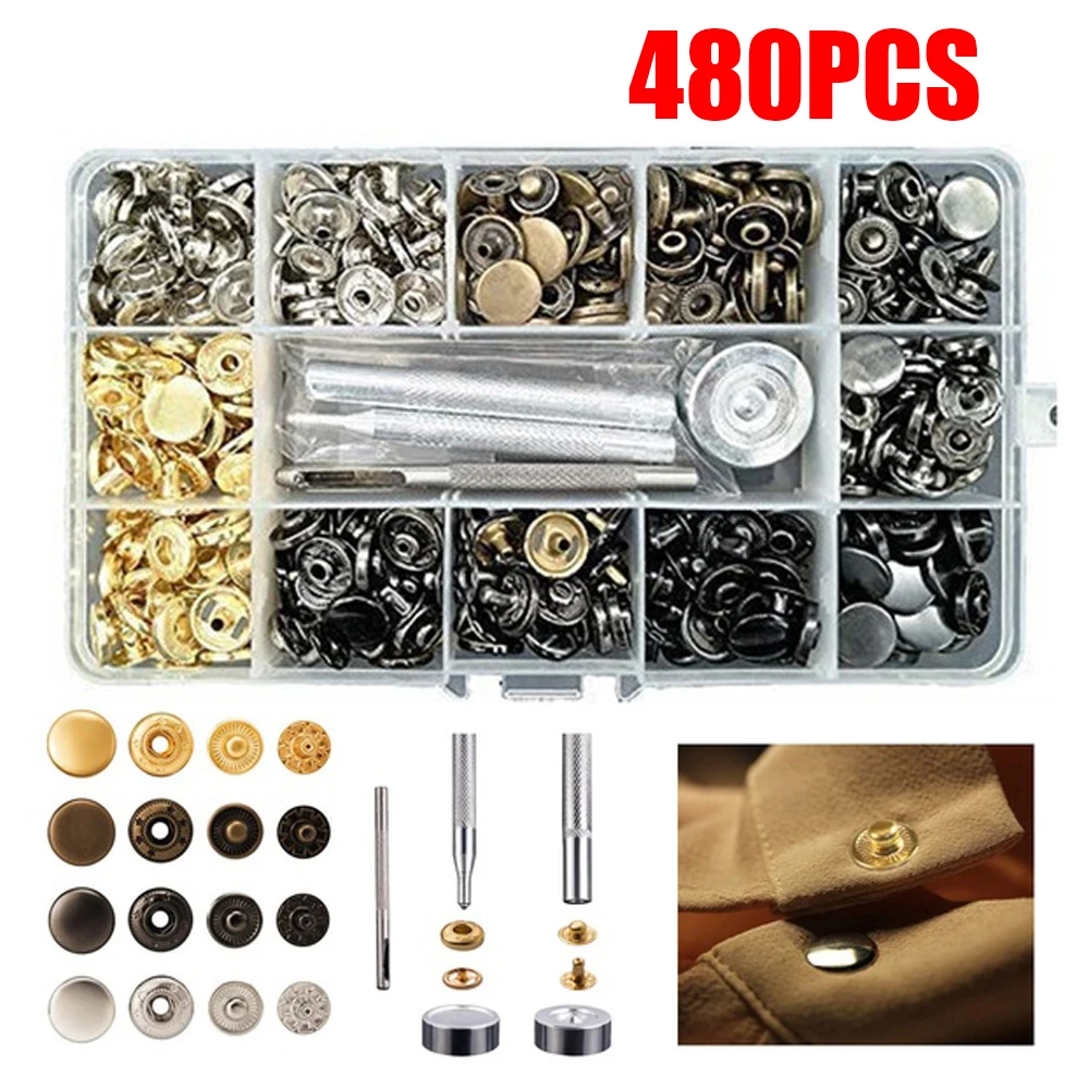 480 Sets 4 in 1 Fastener Snap Set Metal Press Stud Cloth Button Setting Tool Kit for Sewing Leathercraft Clothes Bags Shoes
480 Sets 4 in 1 Fastener Snap Set Metal Press Stud Cloth Button Setting Tool Kit for Sewing Leathercraft Clothes Bags Shoes