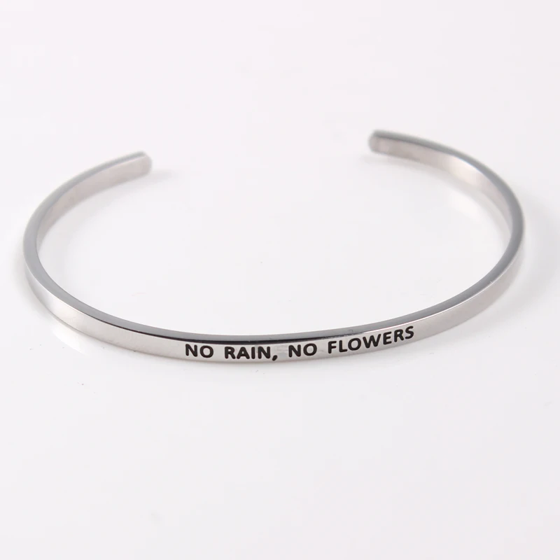 No rain no flowers Stainless Steel Engraved Positive Inspirational Quote fashion BAR Cuff Bracelet Mantra Bangle for women
No rain no flowers Stainless Steel Engraved Positive Inspirational Quote fashion BAR Cuff Bracelet Mantra Bangle for women