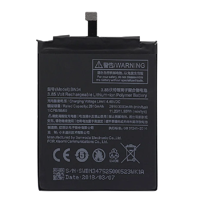 Phone Battery BN34 For Xiaomi Redmi 5A 5.0" Replacement Battery 2910 mAh High Capacity Phone Batteries+Tools
Phone Battery BN34 For Xiaomi Redmi 5A 5.0" Replacement Battery 2910 mAh High Capacity Phone Batteries+Tools