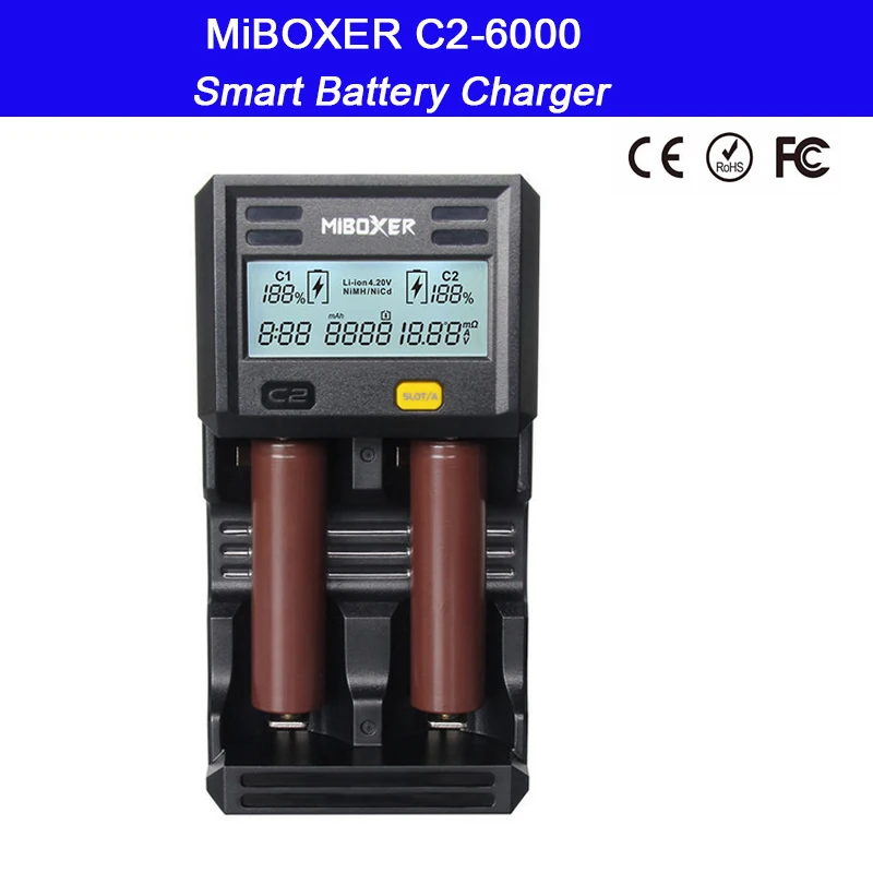 2 Slots LCD Screen Smart Battery Charger Miboxer C2-6000 for Li-ion/Ni-MH/Ni-Cd 18650 14500 26650 AAA AA battery
2 Slots LCD Screen Smart Battery Charger Miboxer C2-6000 for Li-ion/Ni-MH/Ni-Cd 18650 14500 26650 AAA AA battery