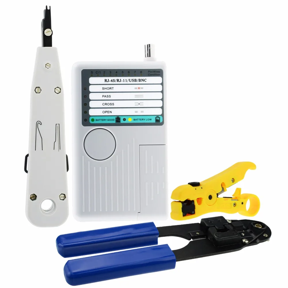 Network Cable Tester Tool Kit - Crimping Crimper Tool Combo Set RJ45 RJ11 USB BNC cable Stripping Universal Tool Punch 
Network Cable Tester Tool Kit - Crimping Crimper Tool Combo Set RJ45 RJ11 USB BNC cable Stripping Universal Tool Punch