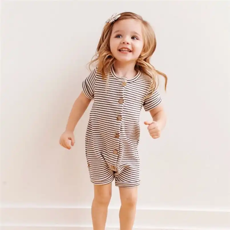sleeve striped single breasted jumpsuit romper clothes baby
